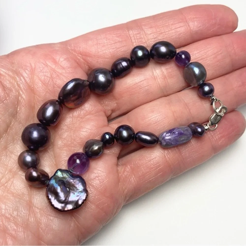 Genuine Freshwater Peacock Baroque Pearls & Amethyst Beads 925 Silver‎ Bracelet